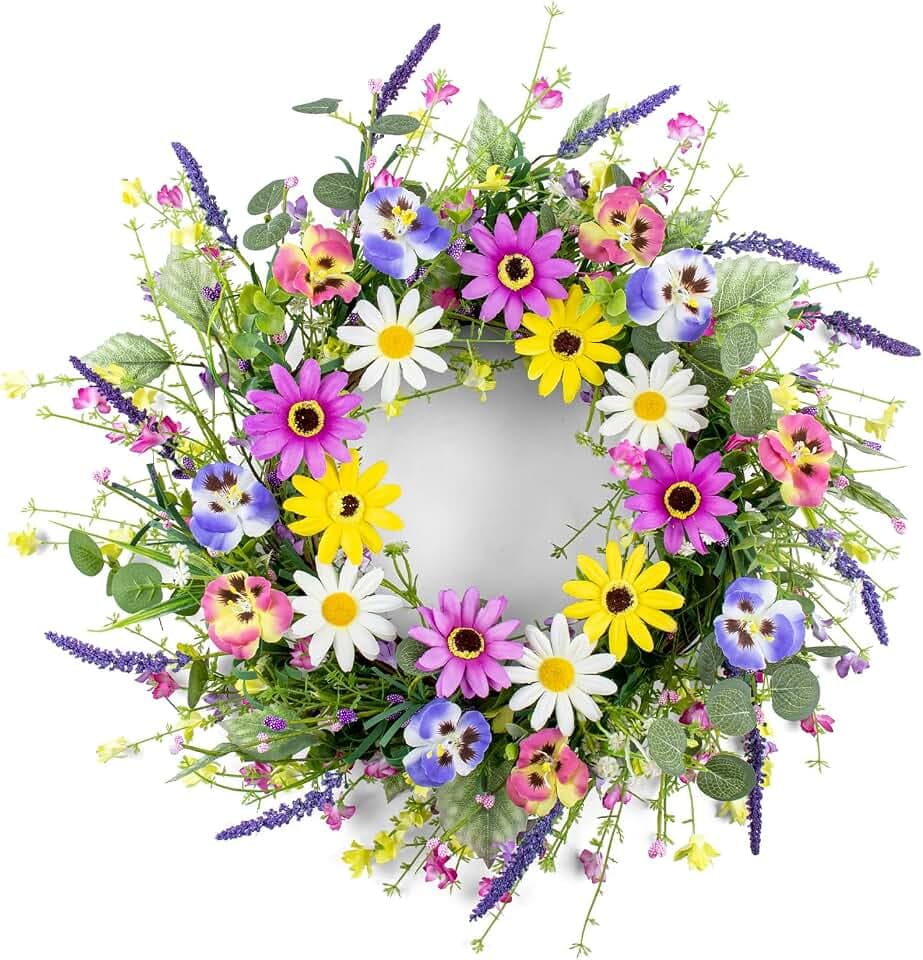 Yawwind 22 Inches Summer Wreaths for Front Door Farmhouse Summer Door Wreath Colorful Spring Floral Wreath with Wildflower Pansy Orchid for Window Porches Indoor Decoration