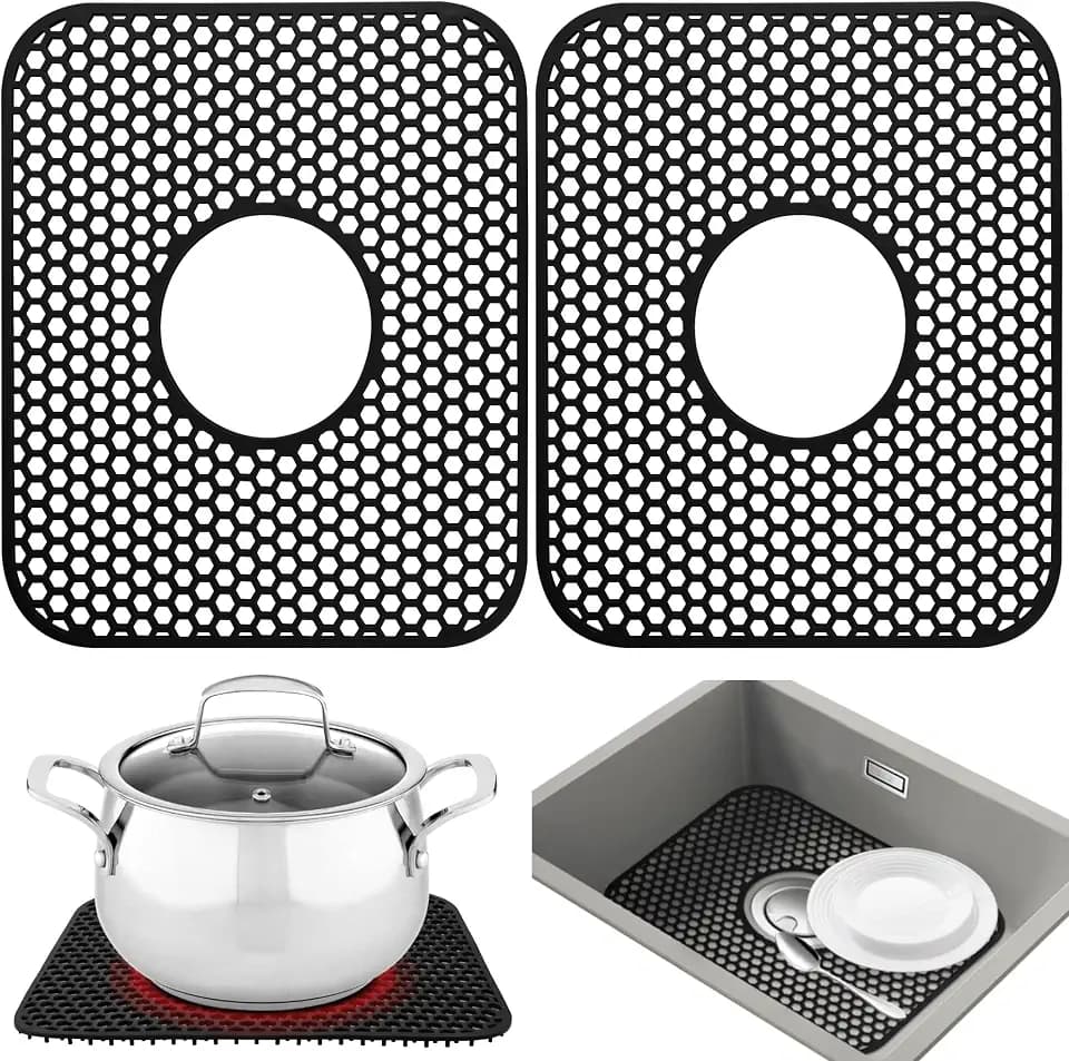 Sink Protectors for Kitchen Sink,2 PCS Silicone Kitchen Mat 13.58"x11.6",Non-Slip Bottom Guard Compatible with Farmhouse/Stainless Steel/Porcelain(Black, Ceter Drain)