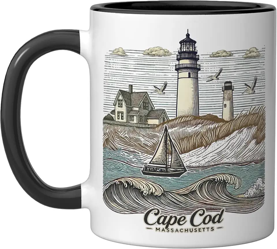 Vintage Cape Cod Massachusetts Nautical Lighthouse Seashore Ceramic Mug, Black/White