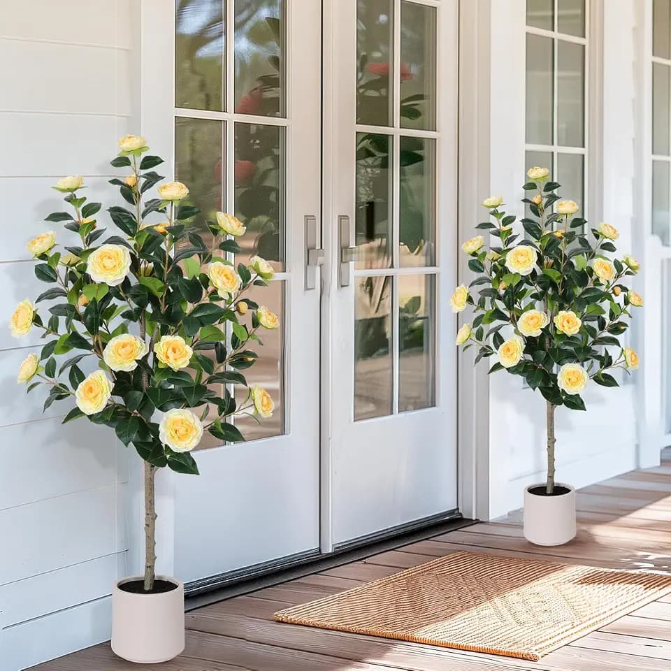 Yepdin 47 inch Artificial Camellia Tree with White Flower Pots - 2 Pack Yellow Tall Fake Plants,4 Ft Artificial Plants Indoor wich Blooming,Faux Plants Indoor for Outdoor Front Home Door