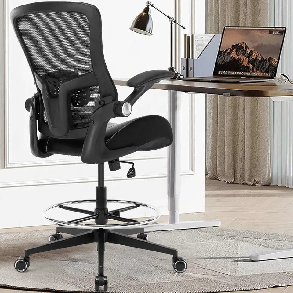 Drafting Chair, Tall Office Chair with PU Leather Seat, Standing Desk Chair Counter Height Office Chairs with 21.65'' Footrest Ring and Adjustable Lumbar Support Armrests Black