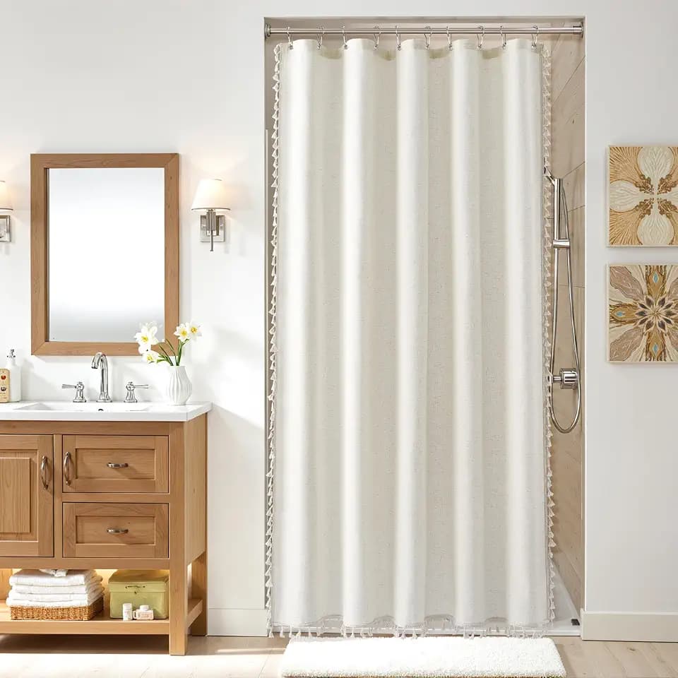 Nanspring Stall Natural Boho Linen Shower Curtain 60 Inches Wide Textured Luxury Fancy Tassel Shower Curtain Set with Hooks Modern Vintage Country Bath Curtain Decor for Bathroom 60x72, Cream