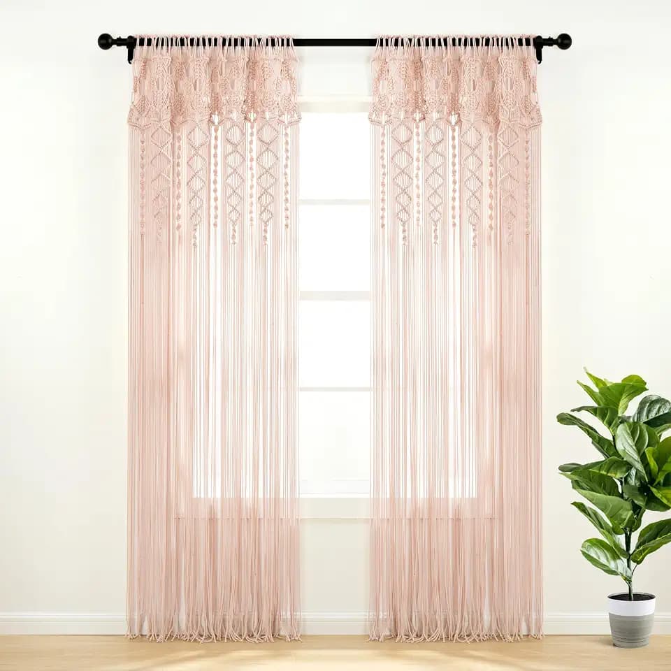 Lush Decor Boho Macrame Textured Cotton Window Curtain Panel Single 40" W x 84" L Blush - Macrame Curtains for Windows, Room Divider, Boho Wall Decor