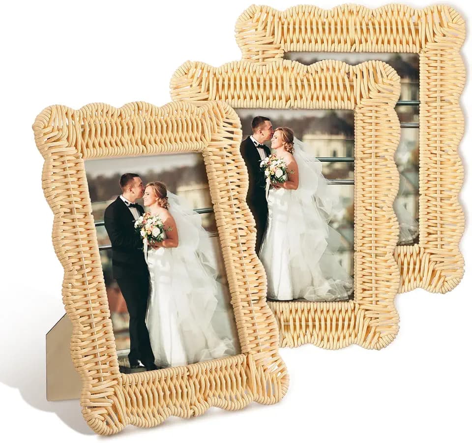 3 Pcs Faux Rattan Picture Frame Scalloped Photo Decor, 5 x 7, Neutral