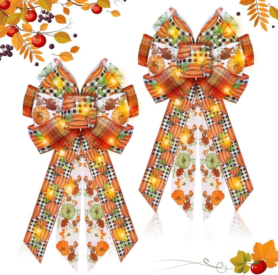 Giegxin Fall Bows for Wreaths, 2 Pack Lighted Burlap Bows, 18 x 10 Inch