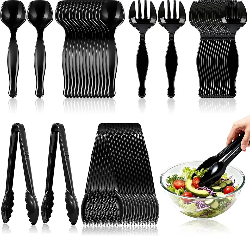 48Pcs Disposable Plastic Serving Utensils Set, 16 Black Spoons, 16 Forks, 16 Tongs, 9-Inch for Party Buffet Catering Events, Heavy Duty and Ergonomic Design(48, Black)