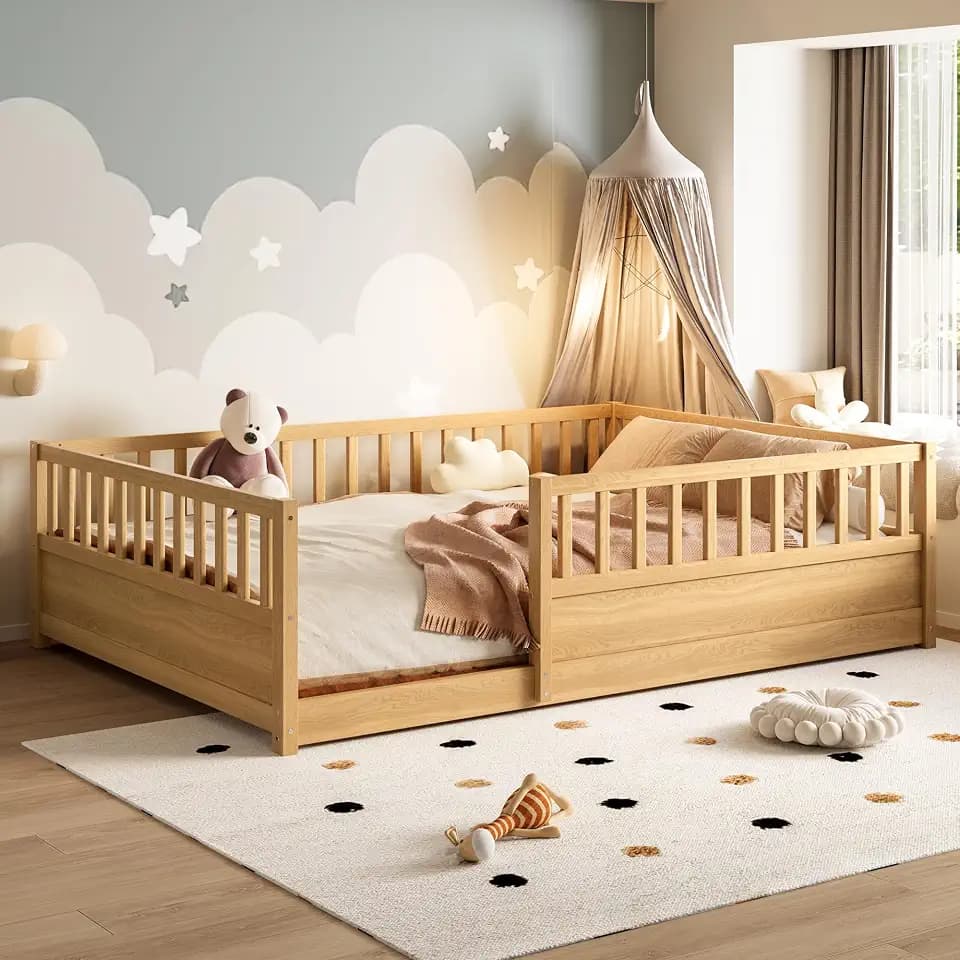 Bellemave Full Size Montessori Floor Bed with Slats and High Fence, Natural