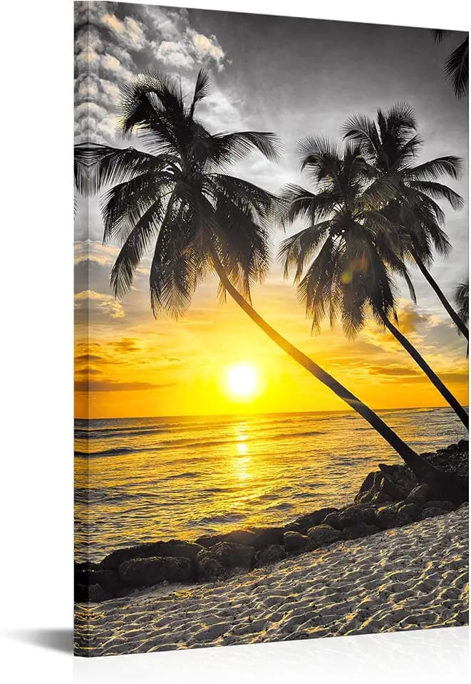 iLOOKLiKE Beach Canvas Wall Art Sunset Over The Sea with Tropical Coconut Tree Seascape Picture Print Ocean Nature Landscape Poster Framed for Bathroom Living Room Home Decor 16x24inch