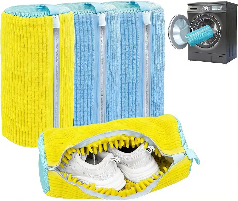 Shoe Washing Machine Bag, 4-Pack Reusable Laundry Shoe Bags for Washer & Dryer, 360° Deep Cleaning Mesh Bags with Self-Locking Zipper for All Shoes Types Including Sneakers (2 Blue & 2 Yellow)