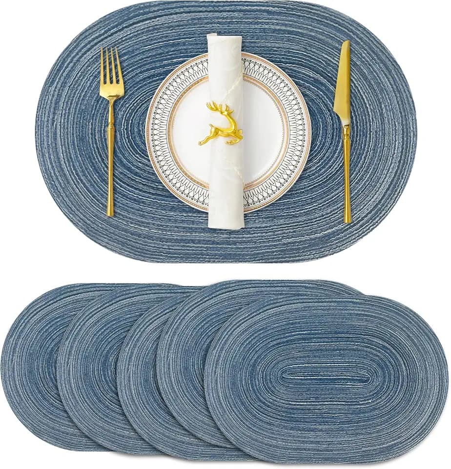 JeogYong Oval Placemats Set of 6 Washable Placemats Woven Placemats 14 x 20 Inch Oval Heat-Resistant Table Mats for Dining Tables, Indoor & Outdoor Decorations (Blue)