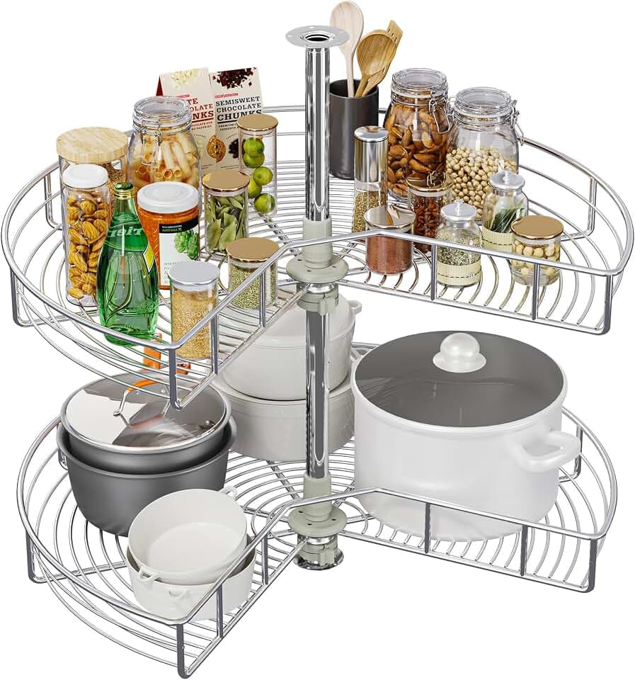 DWVO 28-Inch 2-Tier Lazy Susan Turnable for Cabinet, Rotating 2-Shelf Lazy Susan Corner Organizer with Adjustable Height for Kitchen Pantry, Chrome-Plated Double Spinning Corner Organizer, Silver