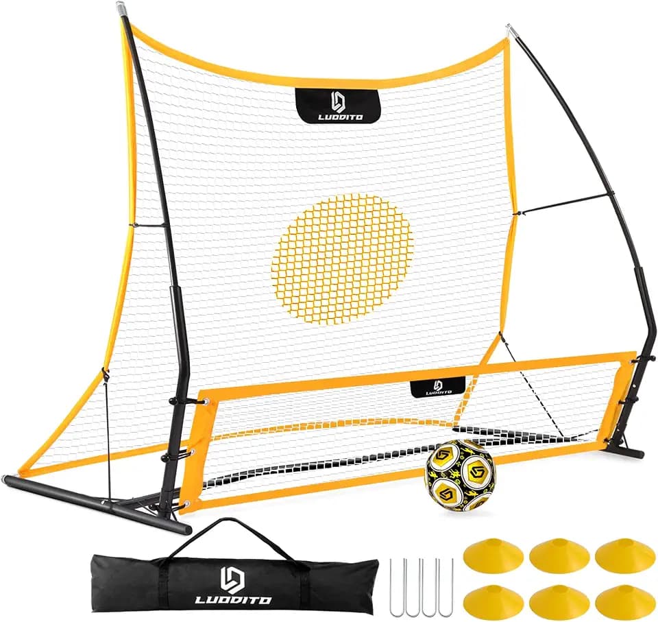 Soccer Rebounder Net, 2-in-1 Soccer Trainer, Soccer Training Equipment for Solo Passing Volley Control Practice, 6'x4.7' Large & 6'x16 Small Soccer Bounce Back Net with Ball, Carry Bag, Cones