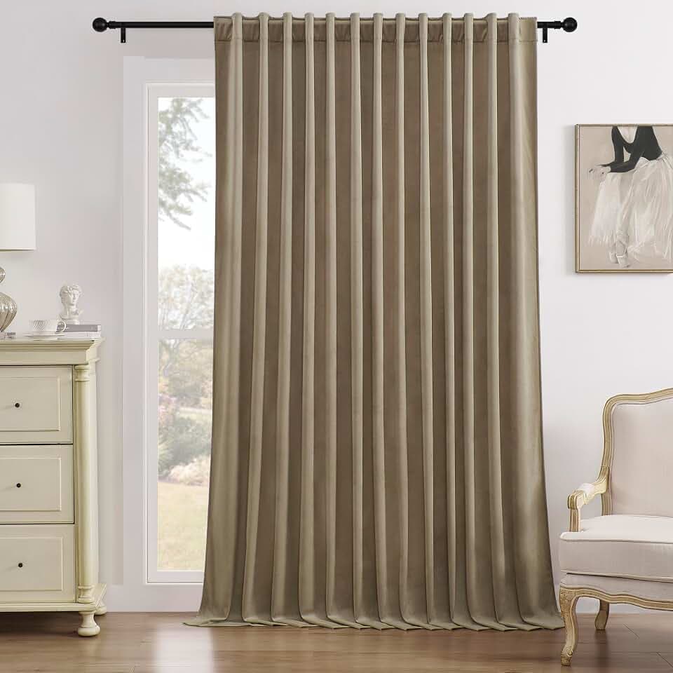 Timeper Taupe Velvet Blackout Curtains 104x96 inches, 1 Panel, Back Tab
