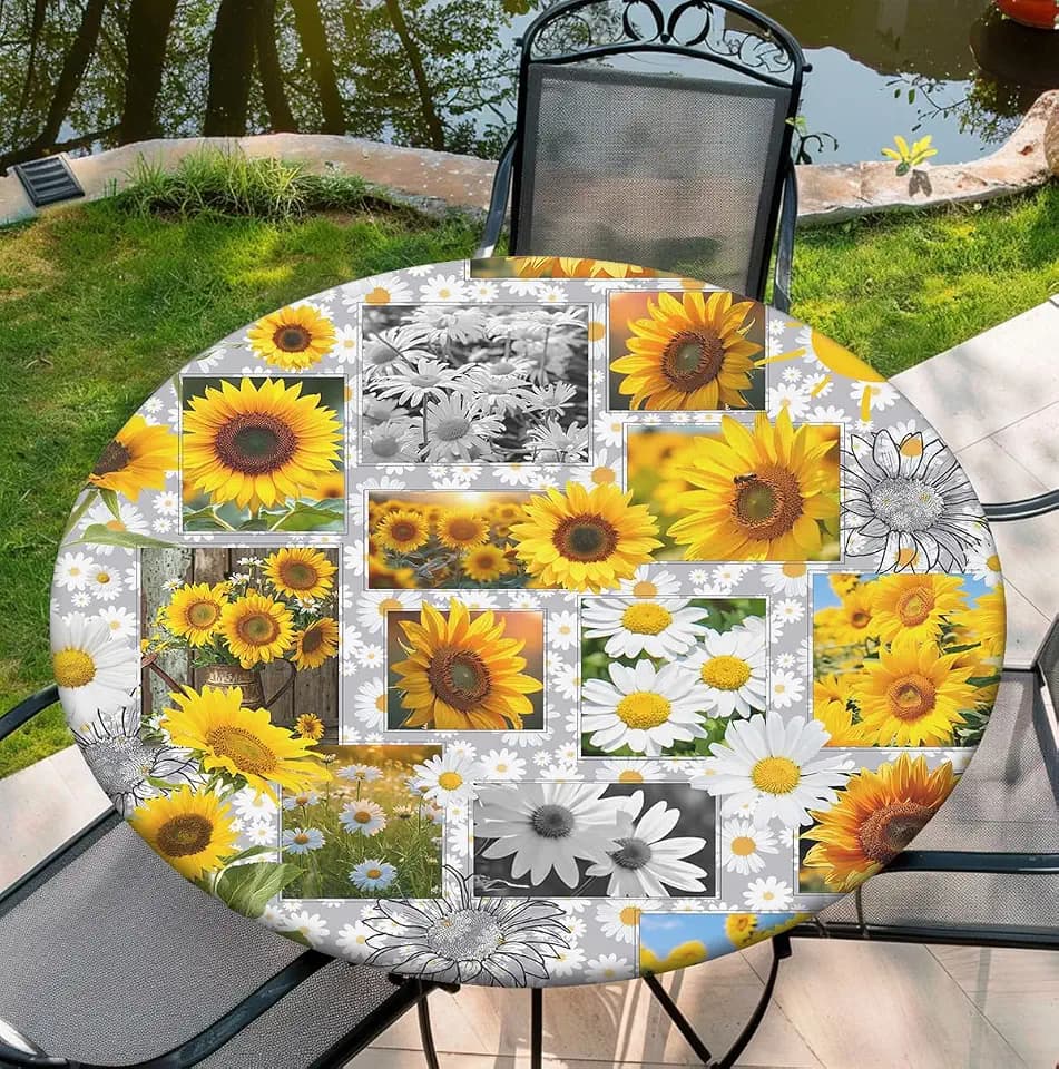 Round Table Cover for Round Tables 36"-70", Fitted Tablecloth with Elastic for Indoor Outdoor Party Holiday, 48inch, Sunflower
