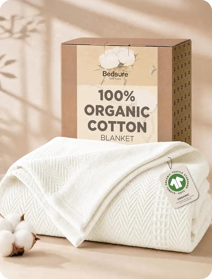 Bedsure PureWoven 100% Organic Cotton Waffle Soft Bed Blanket, Queen, White