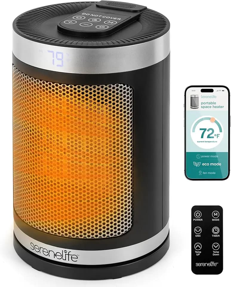 SereneLife Smart Space Heater – 1500W Indoor Electric Heater with Thermostat, Remote Control, 12-Hour Timer, Wi-Fi Enabled PTC Ceramic Heating for Home and Office, Black (5.9" x 5.9" x 9.5")