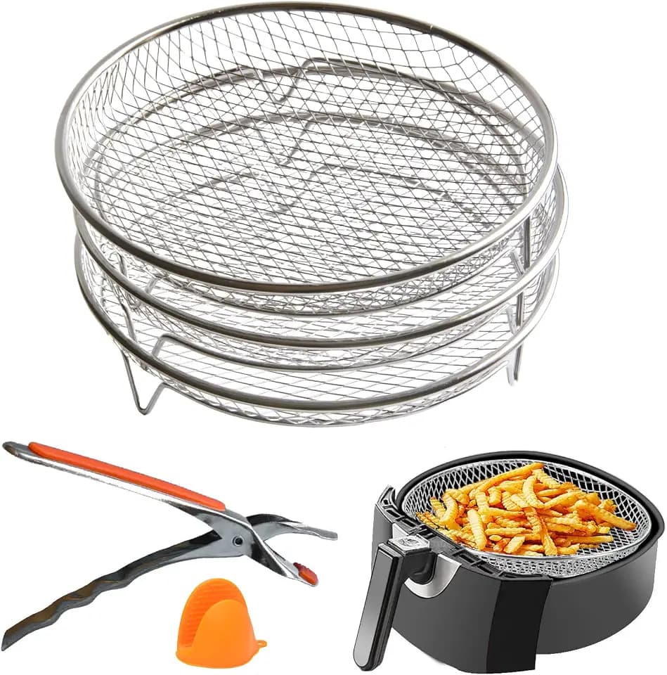 Multi-Layer Air Fryer Rack Set (3 layers round), 304 Stainless Steel Mesh Baskets. Versatile Use for Air Fryer, Steamer, Oven, Dishwasher Safe, Includes Gripper Clip and Silicone Mitt