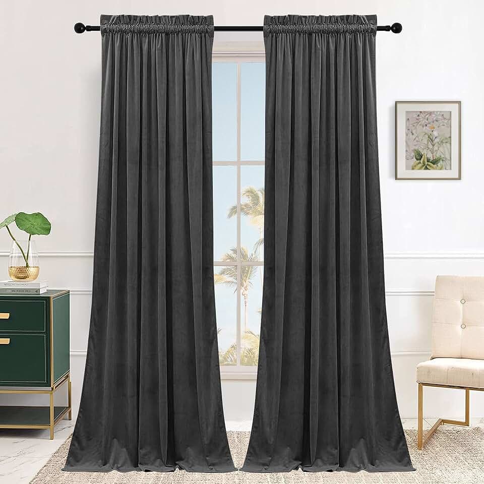 SMILETIME Dark Grey Velvet Curtains with Rod Pocket 2P, 52 x 96 in