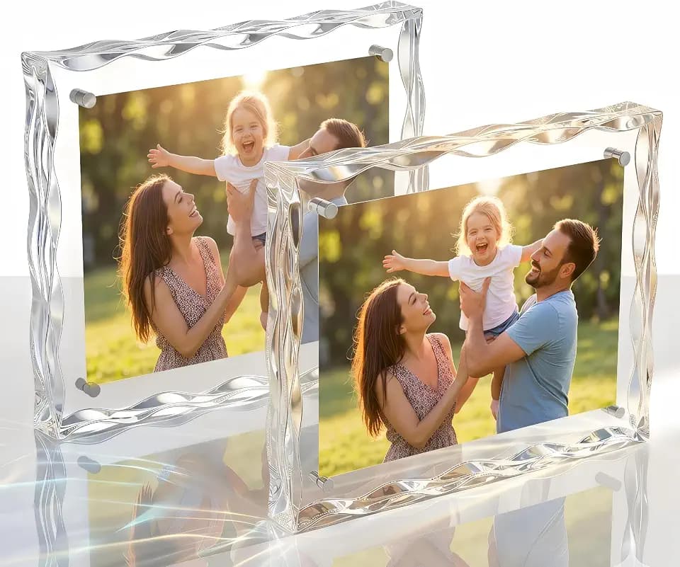 4x6 Acrylic Picture Frame, 2 Pack Magnetic Double-Sided Photo Frame, 24mm Thick Crystal Clear Block with Water Ripple Edges, Freestanding Tabletop Display