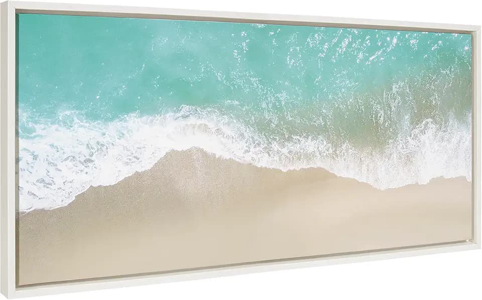 Kate and Laurel Sylvie Ocean Beach Fantasy Framed Canvas Wall Art by The Creative Bunch Studio; 18 x 40; White; Chic Tropical Beach Art; Panel Wall Décor