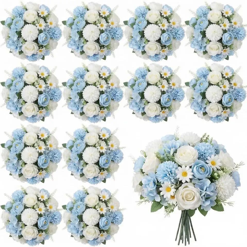 Tigeen 12 Bundles Peonies Artificial Flowers Faux Roses, White, Blue
