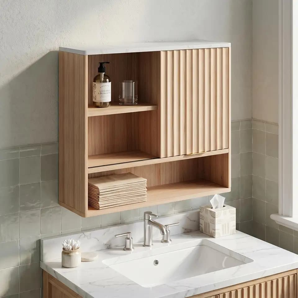 GarveeLife Bathroom Wall Cabinet, Fluted Medicine Cabinet Wall Mounted Storage Organizer with Sliding Door and Faux Marble Top Adjustable Shelf for Laundry Room- Natural