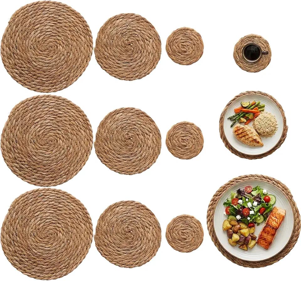 12 Pcs Round Straw Woven Coaster and Trivet Set Boho Farmhouse Dining Decor
