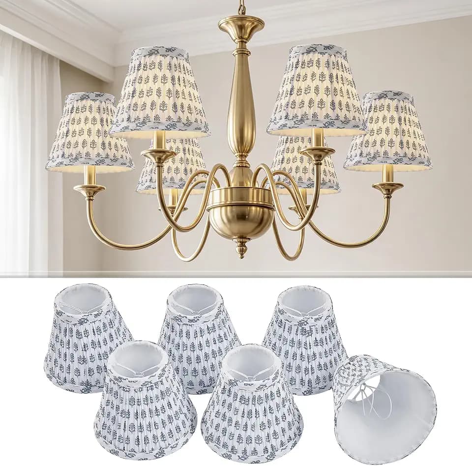 Chandelier Shades Set Of 6,Mini Lamp Shade 3" Top x 5.5" Bottom x 4.7" Slant,Small Lamp Shades Clip On Bulb,Pleated Chandelier Lamp Shades,Fabric Lampshades That Attach To The Bulb(Blue Floral)