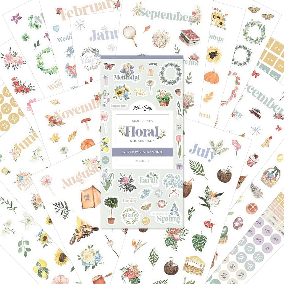 Blue Sky Sticker Book, 4.5"x9" Everyday & Monthly Planner Stickers, Floral