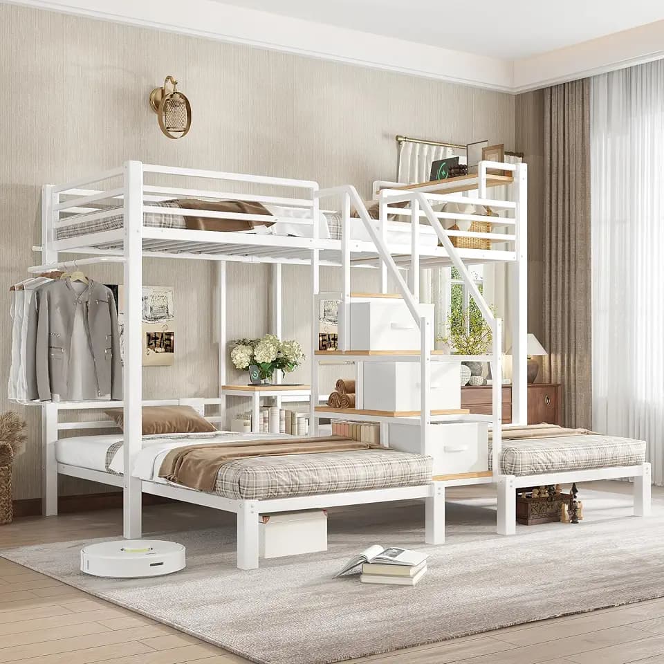 Bellemave Twin Metal Triple Bunk Bed Frame with Drawers for 3 Kids,White