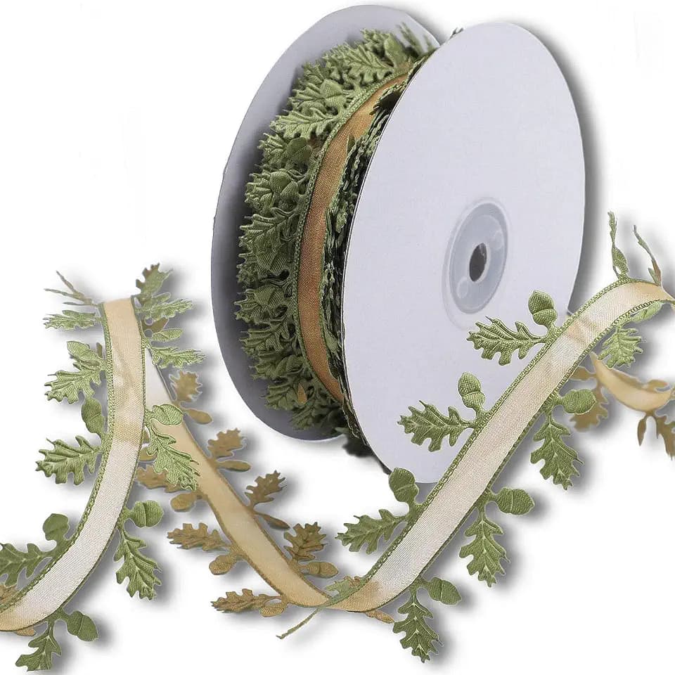 Green Leaf Ribbon Garland 20 Yards, Artificial Leaf Trim Vine for Wedding Decor, Gift Wrapping, Floral Arrangements, DIY Crafts, Party & Home Decorations