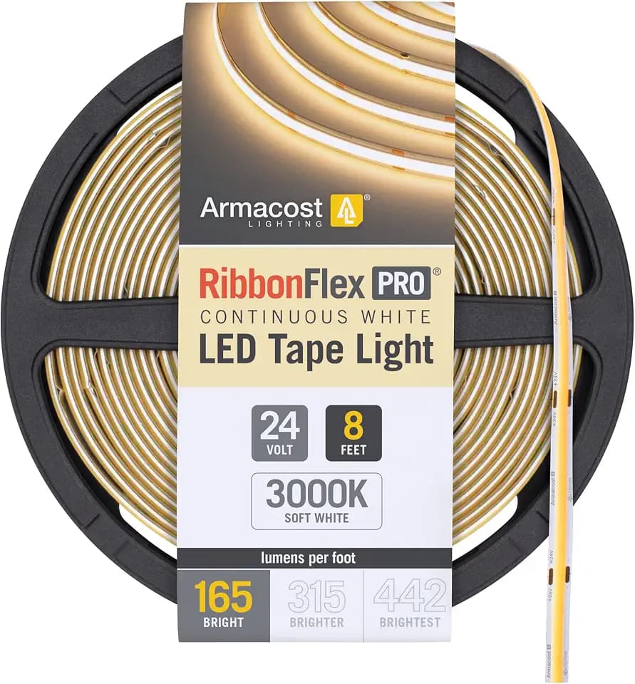 Armacost Lighting RibbonFlex Pro 24V White COB LED Strip Light Tape 3000K, 165 Lumens/Ft, 2.5M 171210
