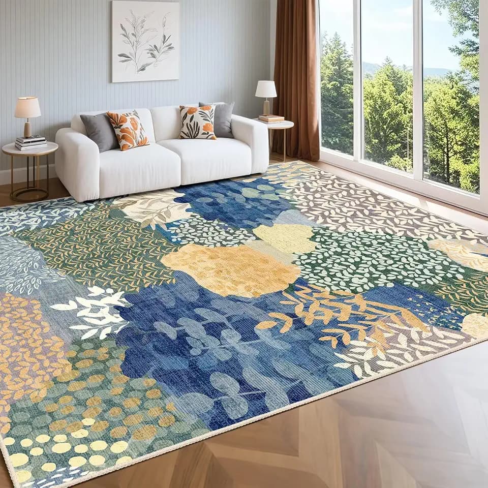 DEXDE 8x10 Area Rug Washable Floral Design Carpet for Living Room Blue