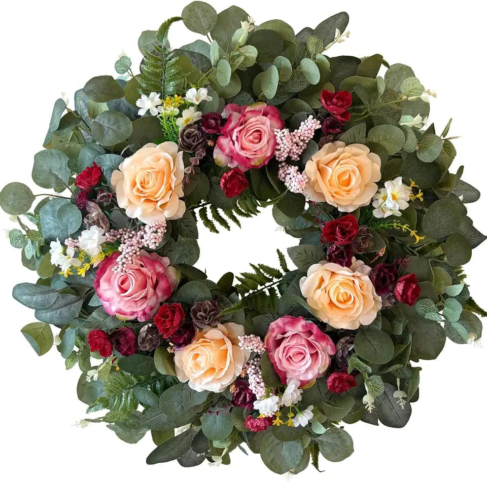 WANNA-CUL 24 Inch Pink Champagne Rose Spring Wreath for Front Door