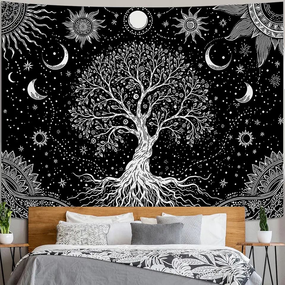 Spenlife Spiritual Tree of Life Tapestry, Black and White Tapestries for Bedroom, Gothic Wall Decor, Celestial Tapestries (90" x 70")