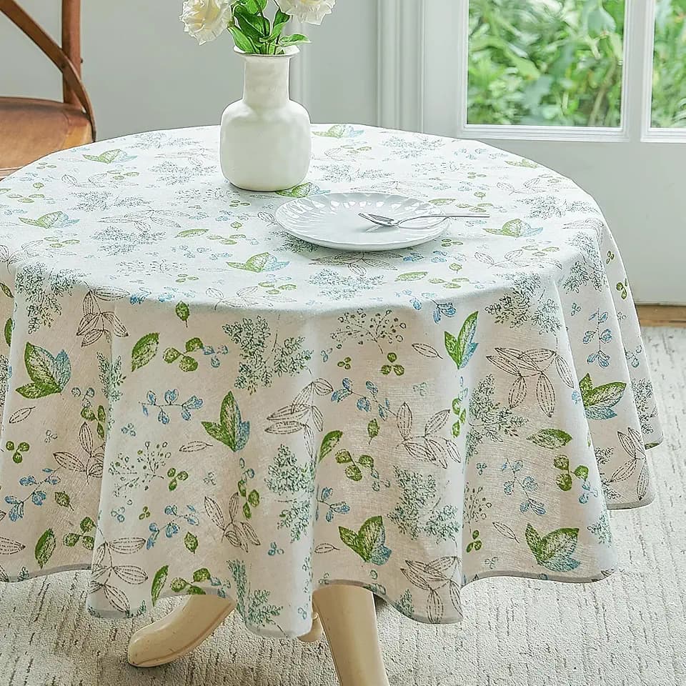 Wracra Cotton Linen Round Tablecloth, Green Leaf Table Cloth Round 48"
