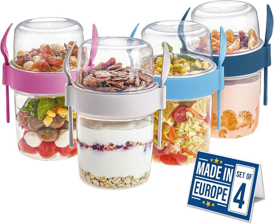Crystalia 4 Pack 22 oz On The Go Yogurt Parfait Cups with Lids & Spoons - Overnight Oats Containers, Take and Go Reusable Cup with Topping Cereal or Oatmeal Container, Colorful