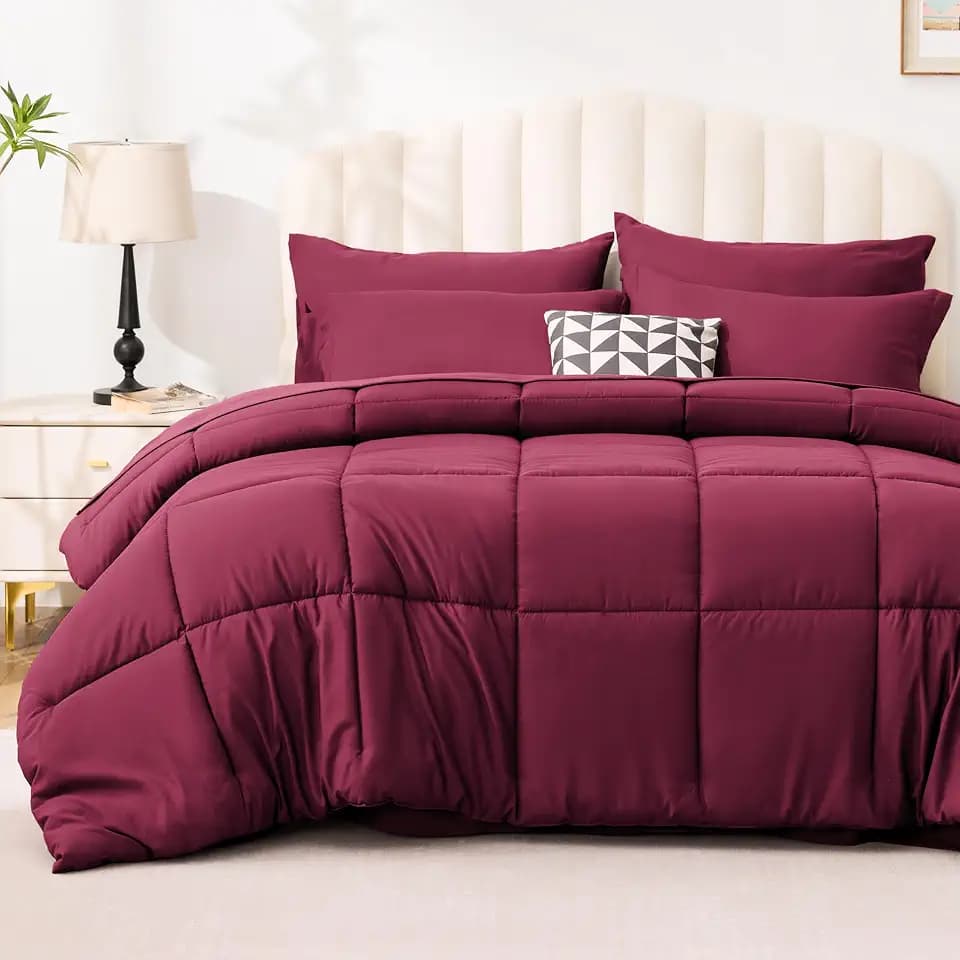 Love's cabin Full Comforter Set, 7 Pieces Bed in a Bag, Burgundy