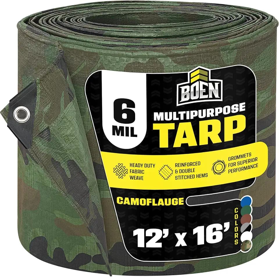 Waterproof Tarp 12x16, Camo Poly 6 Mil Rip Proof Camping Tent Paint Cover
