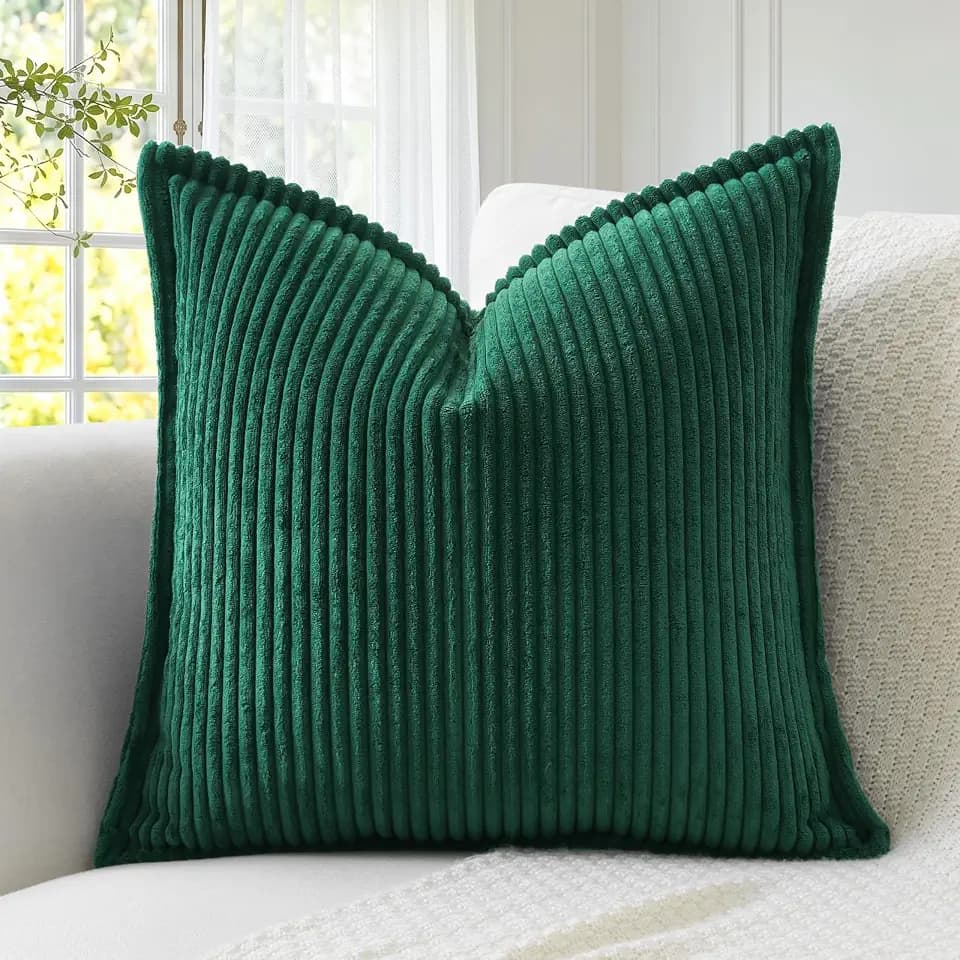 OTOSTAR Dark Green Corduroy Decorative Throw Pillow Covers 24x24 Inch, Soft Boho Striped Lumbar Couch Pillow Covers with Stitched Edge Farmhouse Home Decor for Sofa Bed Living Room, Set of 1