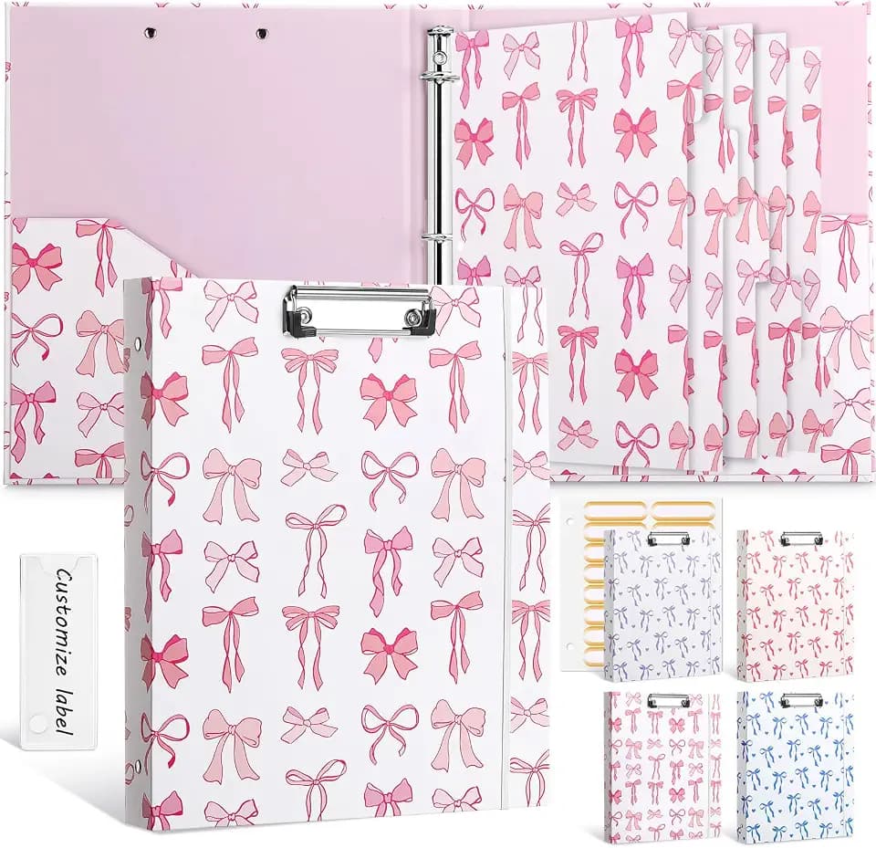 Colarr Pink Bow 3 Ring Binder 1 Inch with Clipboard Mixed 2 Pockets