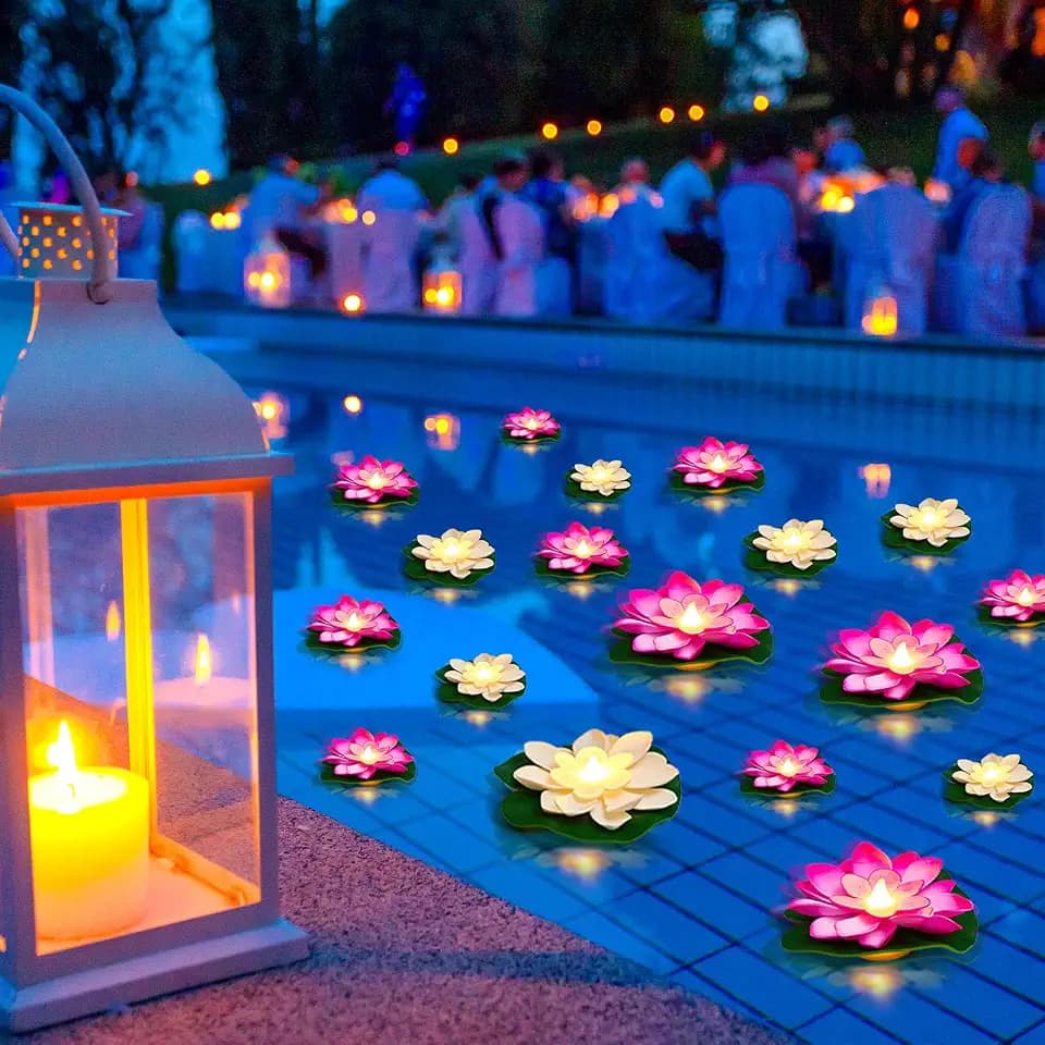 Liliful 24 Pcs Diwali Floating Lotus Lights, 3.94, 5.91 Inch, White Pink