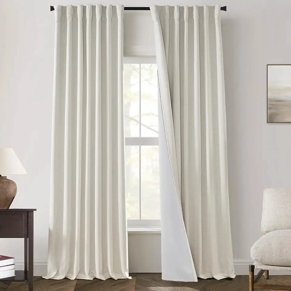 PANELSBURG Cream Linen Blackout Curtains for Bedroom, 90 Inch Floor to Ceiling Pleated Drapes, Farmhouse Style Thermal Insulated Summer Heat Light Blocking Window Curtain Drapes for Living Room