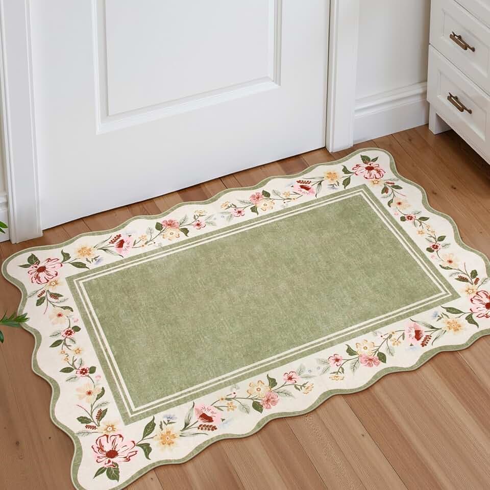 Lahome Floral 2x3 Rug, Green Kitchen Rugs Washable Scalloped Bathroom Rug