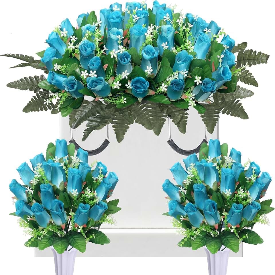 3 Sets Artificial Cemetery Flowers for Grave,Gravesite Decoration Roses 1 Saddle and 2 Memorial Bouquets with Vase for Grave Tombstone Decorations (Deep Blue)