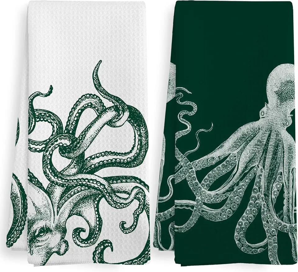Coastal Octopus Decor Dish Hand Tea Towels for Bathroom Kitchen, Octopus Gothic Witchy Bathroom Decor, Oddities and Curiosities, Dark Green Kitchen Towels and Dishcloths Sets of 2, 16x24 Inch
