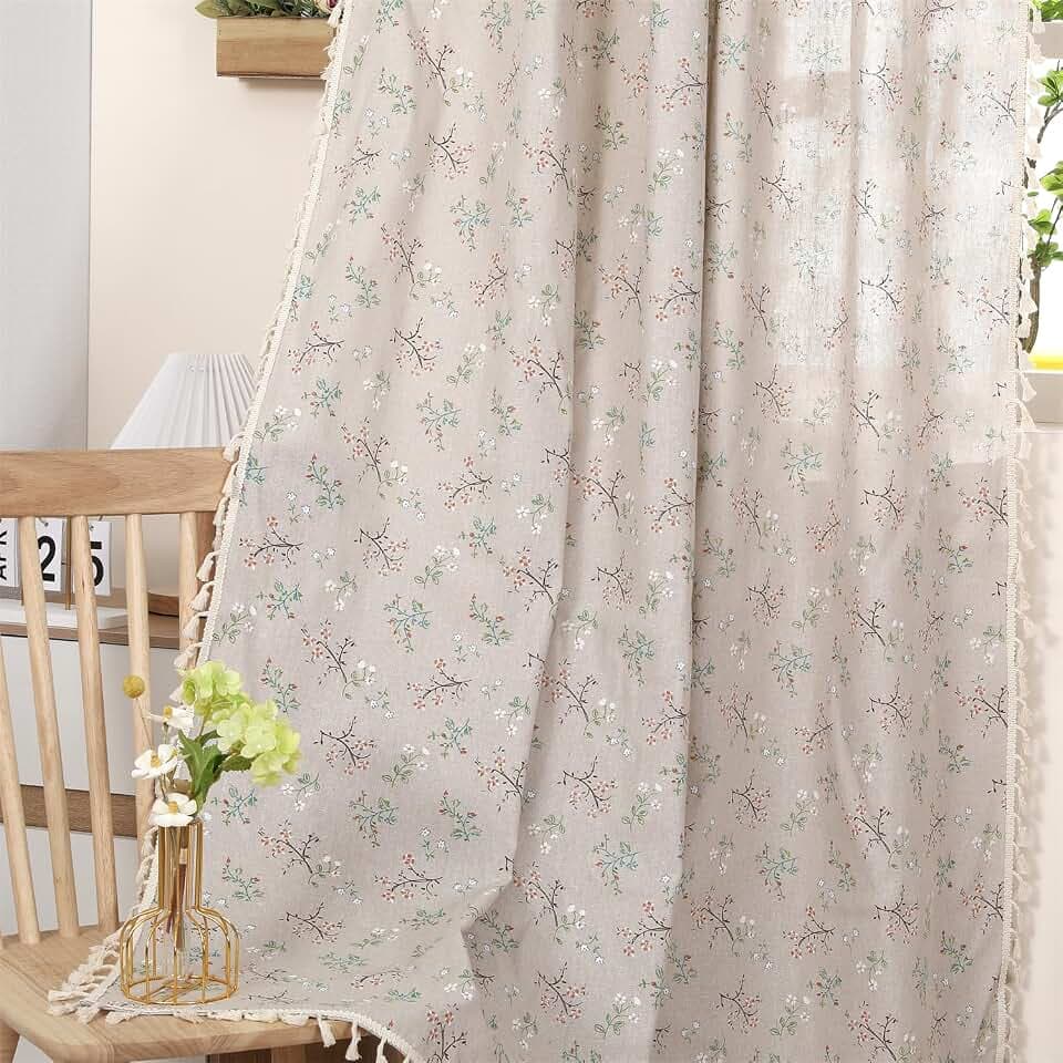 1 Pair Floral Linen Curtains Rustic Country Style Light Filtering Rod Pocket Window Drapes Beige Tassels, 52" W x 72" L Little Grass and Flower on Beige