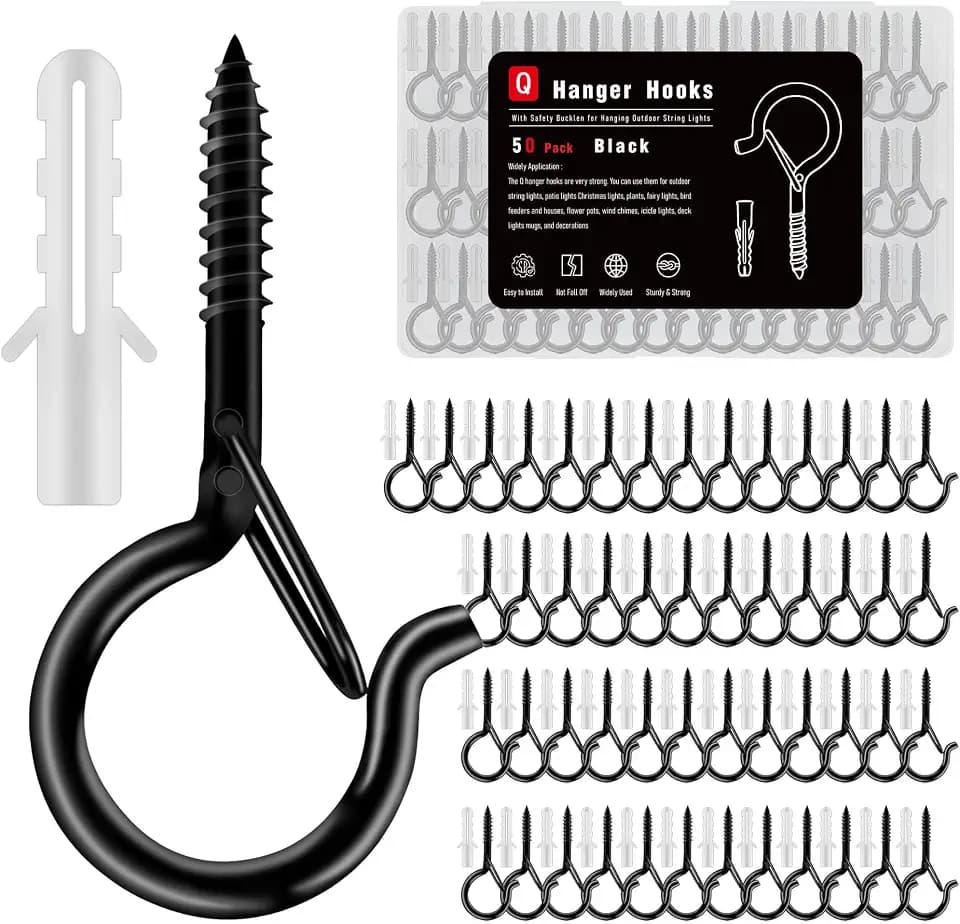 50-Pack 2.3-Inch Black Screw Hooks with Safety Locks, 40 lb Load