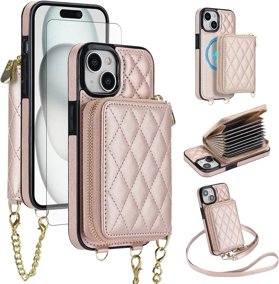 Asuwish Magnetic Wireless Charging Wallet Phone Case for iPhone 13/14 6.1 inch with Screen Protector Crossbody Strap RFID Blocking Card Holder iPhone13 iPhone14 5G i i-Phone i13 i14 Women Rose Gold
