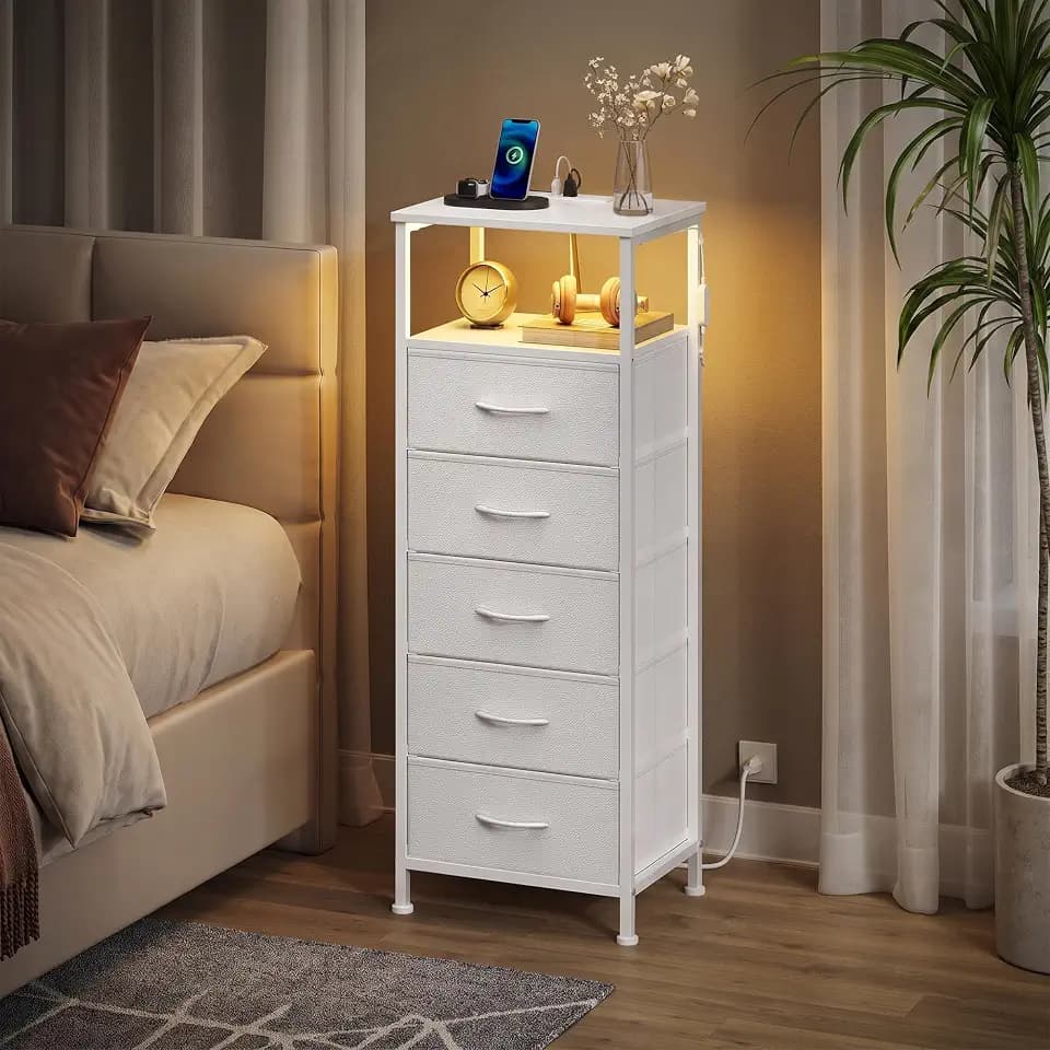 SONGMICS Nightstand with Charging Station, 5 Fabric Drawers
